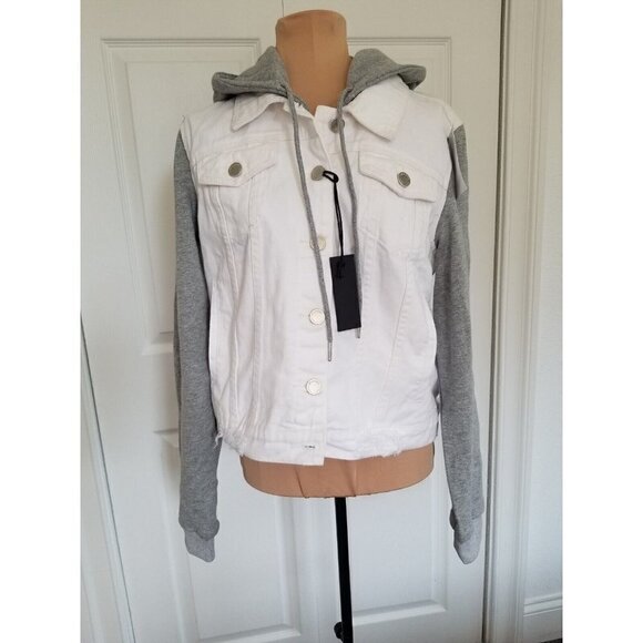 BLANKNYC Women’s Distressed White Denim Trucker Jacket W/Removable Hood Size S - Picture 1 of 10